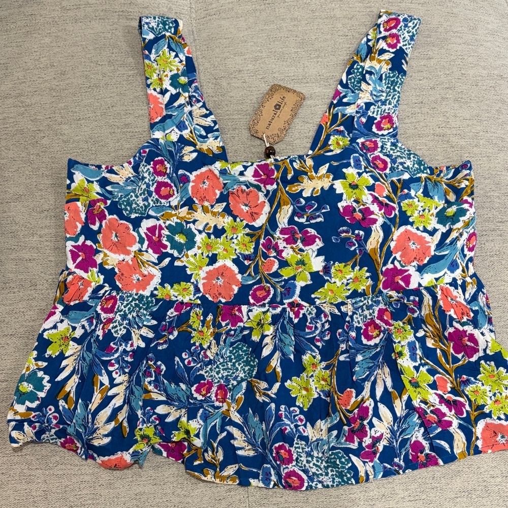 NATURAL LIFE Blue Floral Print Sleeveless Top Cropped Tank Size XL